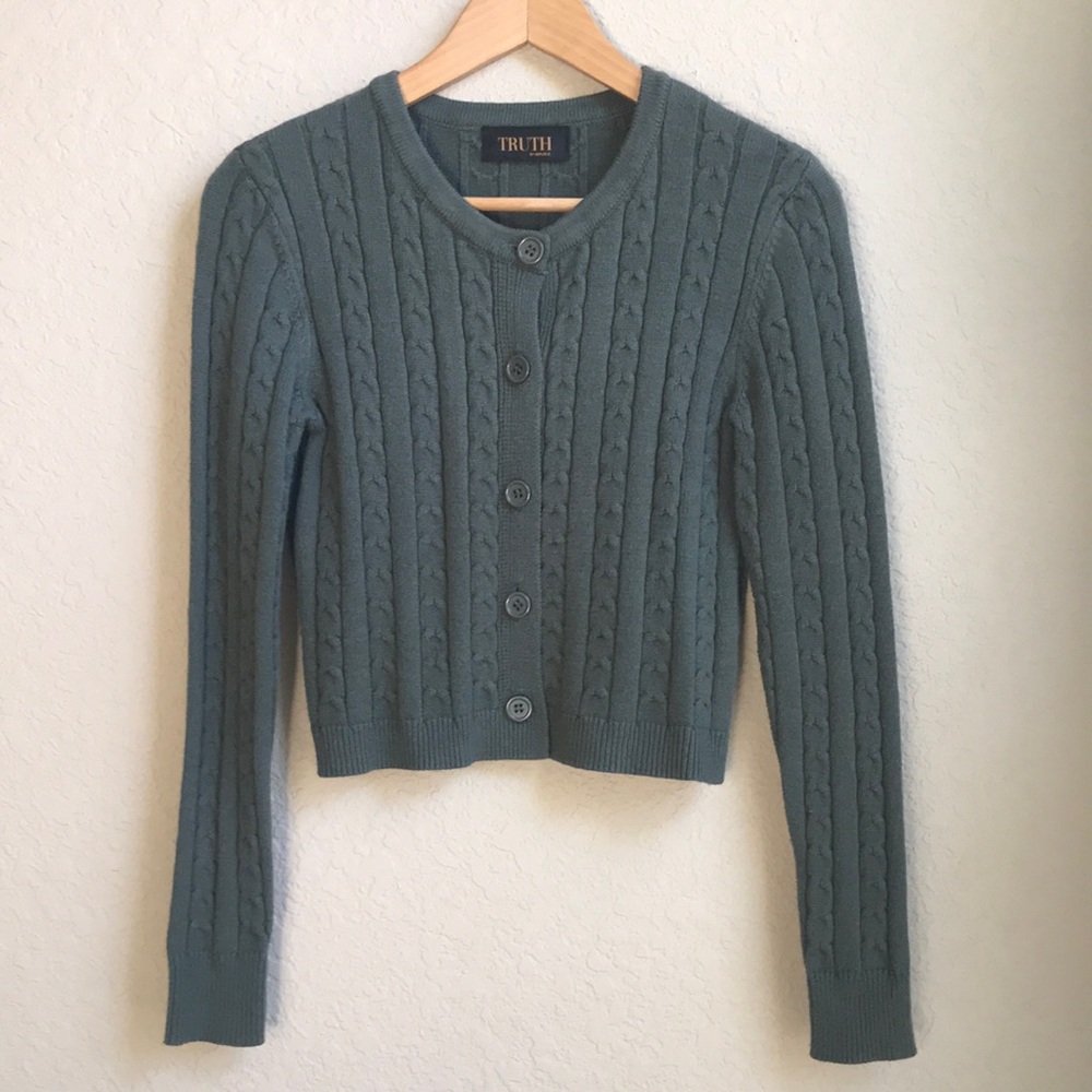 Truth by Republic Women's Green Cable Knit Button Cardigan Sweater